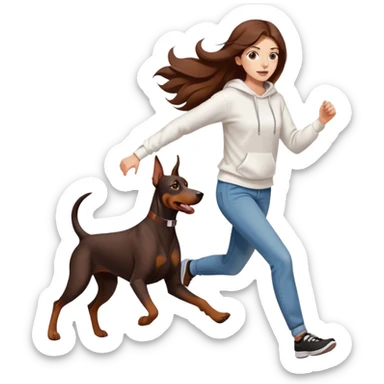 A beautiful girl with long hair wearing a white sweatshirt and jeans is running with a Doberman sticker