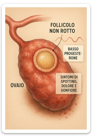 realistic and cinematic illustration of an ovary with an unruptured follicle, low progesterone, hormonal fluctuations, symptoms of spotting, pain and swelling, clinical details, captions in Italian sticker