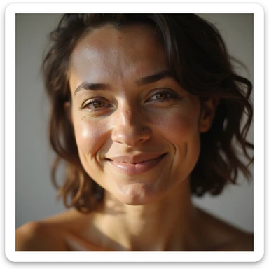 hyperrealistic 4K intimate portrait of a confident woman with PCOS, natural facial hair and acne shown naturally, smiling warmly, soft sunlight highlighting her features, warm and inviting tones, celebrating natural beauty, raw and unfiltered sticker