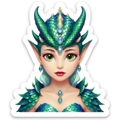 A gorgeous dragon woman with glittering jeweled scales covering her body and face. She has large almond shaped eyes, lush lips, and she wears a stunning luminescent gown. sticker