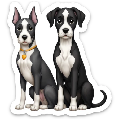Adult Black and white great dane dog with cropped ears sitting with a small black and white cat sticker