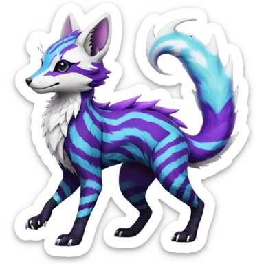 Feral Rare Fantasy  Black-Dark-Vortexed Lightning-strike-zig-zag-patterned striking purple-indigo-violet-blue-cyan-gradients with black points, white underside, galactic stormy edgy badass realistic Vernid-Sergal-Genet-Trico-species by LiLaiRa, random markings, tufted tail, tufted ears, full body sticker