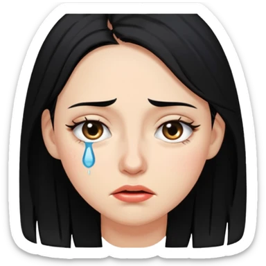 A woman in her late 20s with black hair with tears in her eyes and a look of hunger sticker