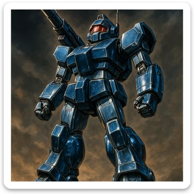 HI-METAL R Dougram, standing, classic anime mecha, metallic blue and gray, heroic stance sticker