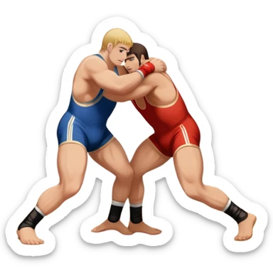 An icon showcasing two wrestlers engaged in a Greco-Roman wrestling match. The athletes are locked in a strong clinch, using their upper bodies to dominate. The background features a wrestling mat and traditional Greco-Roman elements. Transparent background. sticker