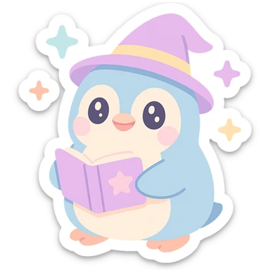 a chubby penguin with a wizard hat, magical sparkles around, and a book of spells sticker