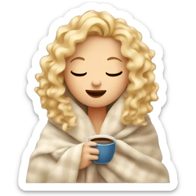 Blonde  hair curly girl inside a blanket sipping coffee eyes closed sticker