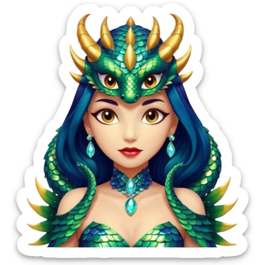 A gorgeous dragon woman with glittering jeweled scales covering her body and face. She has large almond shaped eyes, lush lips, and she wears a stunning luminescent gown. sticker