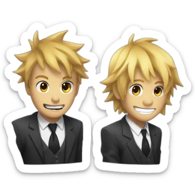 Denji with his blond hair in a shaggy style, brown eyes, with his shark teeth, is smiling evil and with a shirt with a black tie and without a suit from chainsawman sticker