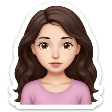 Aesthetic white girl with really long wavy/curly hair color dark brown, hair must be in front of the shoulders (hair in front of the shoulders). Big almond shape tired eyes color brown with dark circles, wide nose, natural lips, sweet expression. Dressed with a cute tight top color light pink. sticker