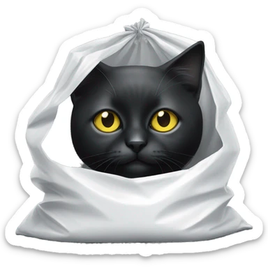 A little black and white cat in a white plastic bag. The cat is mostly black except for white on her nose and paws. The cat has yellow eyes  sticker