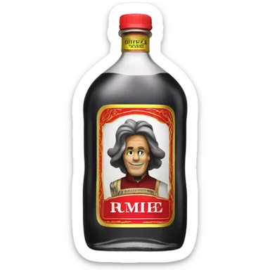 Tall clear alcohol bottle of “Rumple Minze” alcohol with black and red label sticker