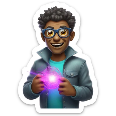 Nerdy short gay troll holding a laser sticker