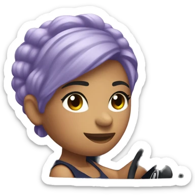 navy blue convertible Mini Cooper, with short, lilac colored haired, fair skinned woman driving sticker