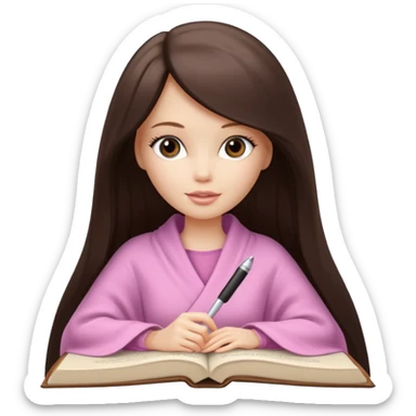 White Barbie girl with a long straight dark brown hair inside a pale beige blanket is writing a book sticker