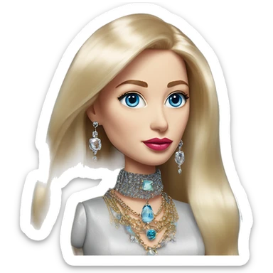 Serene Elon Musk with jewelry in Barbie style, oil paint, mysterious eyes, intricate lips, masterpiece portrait, beautiful, desirable, logical sticker