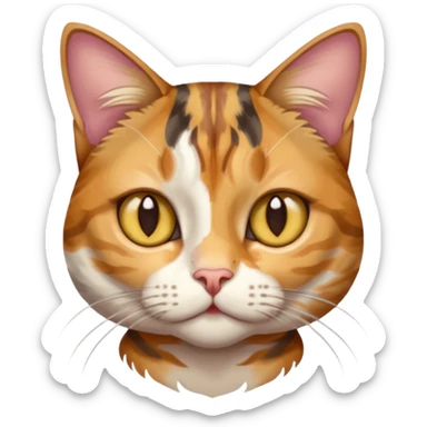 full body anxious looking colourful light calico tabby cat with hazel eyes  and half of face in brown tabby sticker