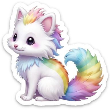  Realistic cute adorable pastel-iridescence-gradients albino fur with random colorful iridescent rainbow markings beautiful elegant pretty precious cute  Fakémon-Pokémon-opossum-feline-serval-caracal-chinchilla-Minccino-hybrid-creature with a big fluffy bushy striped tail (full body) sticker