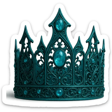 gothic crown in teal with silver filigree and aquamarine stones, oceanic and mysterious sticker