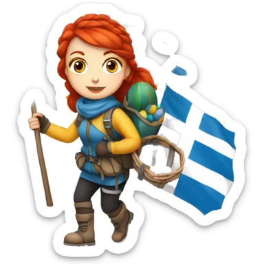 Female winter mountaineer red hair white skin climbing with Greek Flag and Easter eggs basket sticker