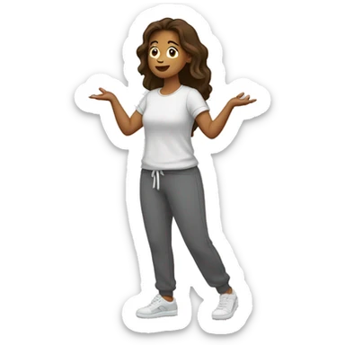  Side profile of A woman in sweatpants and a t shirt standing up, full body view she is holding her arms out as if se is handing someone something, brown hair side profile, lookin from the Left side comepletly sticker