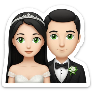 Bride has Black hair black eyes with brown hair. Groom has green eyes and brown hair!!! tall groom with white wedding bands sticker