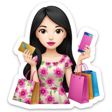 Girl with long black hair and pink lipstick, brown eyes holding shopping bags and credit card sticker