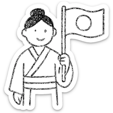 person in a traditional kimono holding the Japanese flag, hand drawn outlined icon sticker