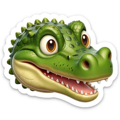 cinematic-realistic-cute-crocodile-portrait-emoji,-head-tilted-playfully-and-inquisitively,-featuring-a-robust,-well-defined-build-with-intricately-detailed,-glossy-olive-green-scales-and-a-surprisingly-endearing-face-with-round,-sparkling eyes sticker