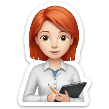 Intern or volunteer with red hair holding a clipboard and pencil, ready to take notes or assist. The character wears a simple shirt and has an eager posture sticker