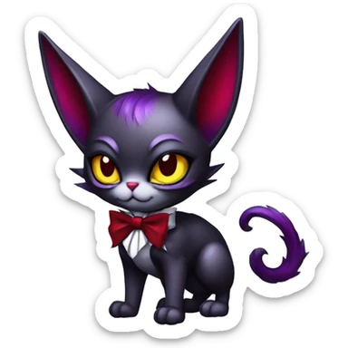 Cute-Evil-Vampiric-Batty-Cat-Black-Purple-Red-Yellow-Contrast-Colors-Fantasy-Fur-Sona-Chibi-Shiny-Fakémon-Hybrid with horns and big fangs neck bow white tie leg spats full body sticker