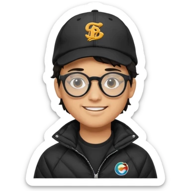 Young man wearing a black puffer jacket, black baseball cap with a small logo, round black glasses, wavy hair peeking out from under the cap, smiling sticker