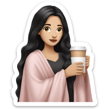 A pretty white girl with very long black hair and brown eyes in a light pink blanket sipping coffee sticker