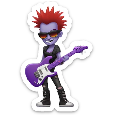 "Purple-skinned punk rock character with red mohawk hair, a mischievous grin, and edgy style. Holding a spiky electric guitar, wearing leather cuffs, ripped clothes, and fishnet stockings. Background is simple or transparent." sticker
