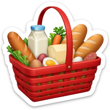 red basket with groceries: milk, bread, sausage, eggs, potatoes, carrots, onions, cabbage sticker
