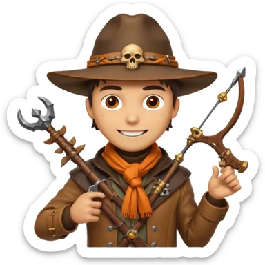 male human monster hunter emoji, wearing brown leather coat and wide hat, holding crossbow, with amulet shaped like skull, Halloween fantasy theme, confident smile, orange scarf, Apple emoji style, clean white background, square image sticker
