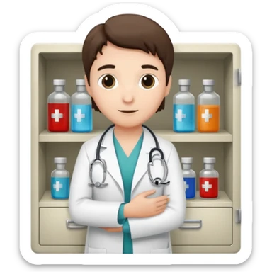 Doctor grabbing a patient gown from medical cabinet  sticker