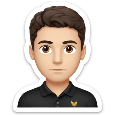 He’s a man with light to medium skin, a defined oval face, full brows, deep-set eyes, and wavy short dark brown tall hair styled with height, sides are trimmed. muscular. expression calm and focused relaxed black polo shirt. polished, articulate, and coach vibe. tall hair.  sticker