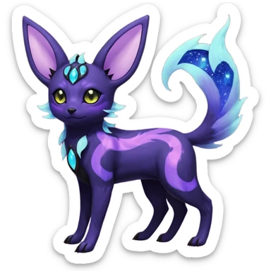 Rare realistic purple indigo violet nebulae shiny sparkly dark-neon glowing bioluminescent edgy badass epic pretty beautiful handsome gorgeous aesthetic colorful vibrant Vernid-Trico-Umbreon-Espeon-species-Fakemon-creature by LiLaiRa, 4 legs, 1 tail, random markings, (full body) sticker