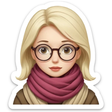 A shy woman with big round glasses and thick scarf, blushing from the cold. sticker