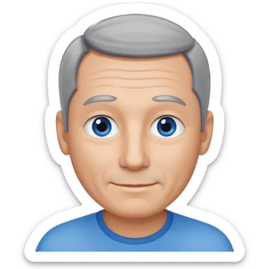 Middle aged man with receding grey and black hair and no beard, blue eyes, shy smile, tanned skin sticker