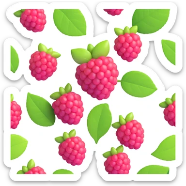 raspberry with green leaves, detailed and realistic yet stylized, glossy rounded berry segments, lush green leaves, iOS 3D style sticker