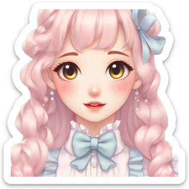 Gorgeous pastel anime style lady with blushing face and laces bow ties necklace cottagecore fairycore pastelcore colorful pearly romantic simplistic aesthetic trending style sticker