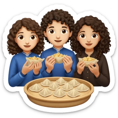 Can you create an emoji of three 23 year olds eating dumplings. One boy with wavy curly hair and one Jewish girl with long dark brown curly hair and one half Indian / half white girl with mid length dark brown hair. All brown eyes sticker