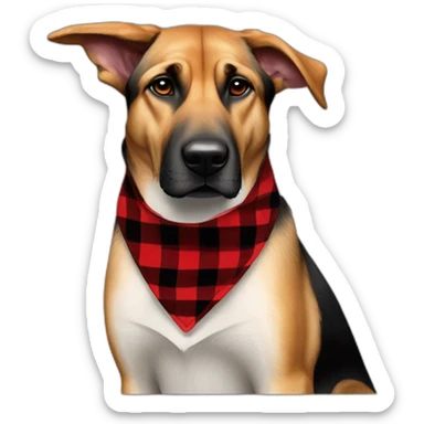 75% Coonhound 25% German Shepherd mix dog wearing small pointed red buffalo plaid bandana pointing down side view full body facing left sticker