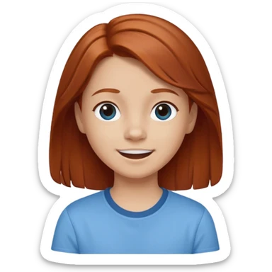 shrugging happy emoji tween long auburn hair light blue shirt with a darker blue L sticker