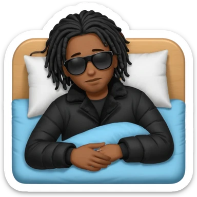 African American man with shoulder length black dreadlocks wearing black sunglasses with black bubble winter coat sleeping in bed sticker
