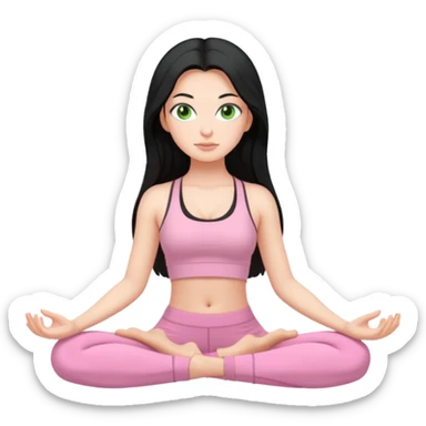 Girl with super long black hair with green eyes doing yoga with light pink clothes sticker