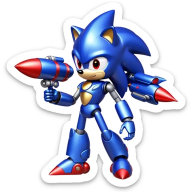 Metal Sonic robot hedgehog with red eyes, metallic blue body, and jet boosters sticker