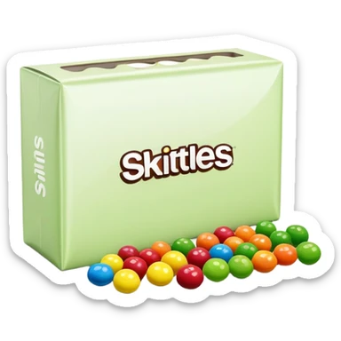 Minimalist flat design of a Skittles package. Rainbow colored simple rectangular package with just a few green round candies. Clean lines and minimal details. sticker